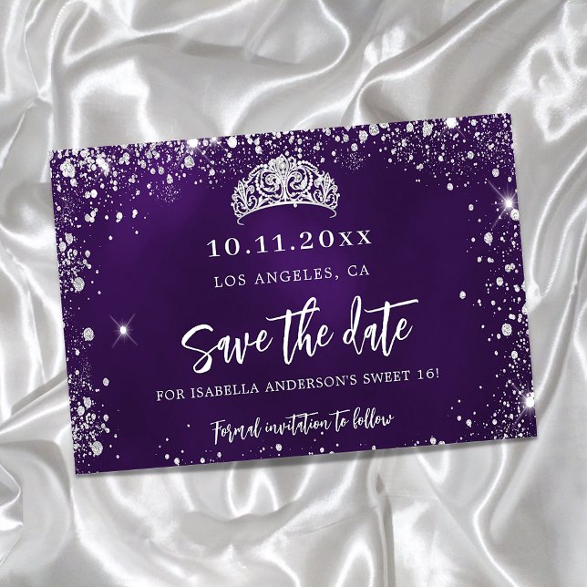 Sweet 16 purple silver glitter tiara save the date announcement postcard (Creator Uploaded)