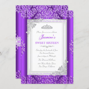 Sweet 16 Purple Silver Lace Damask Tiara Invitation