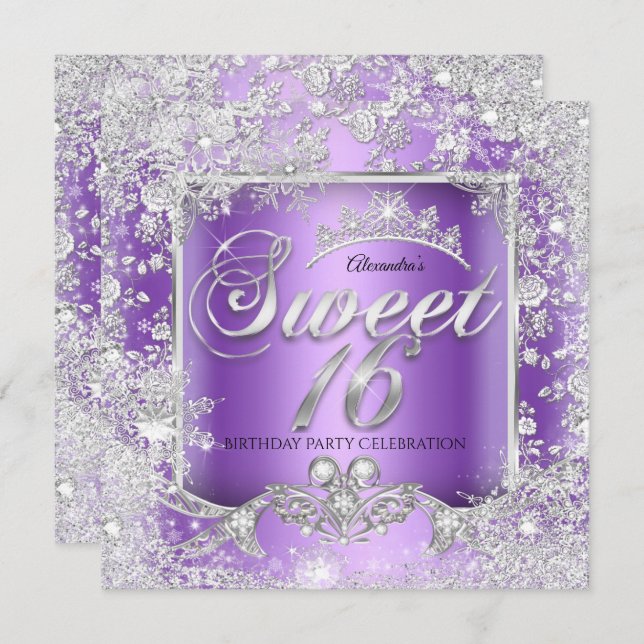 Sweet 16 Purple Silver Tiara Winter Wonderland Invitation (Front/Back)