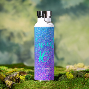 Sweet 16 Purple Teal Glitter Girls Personalised Water Bottle