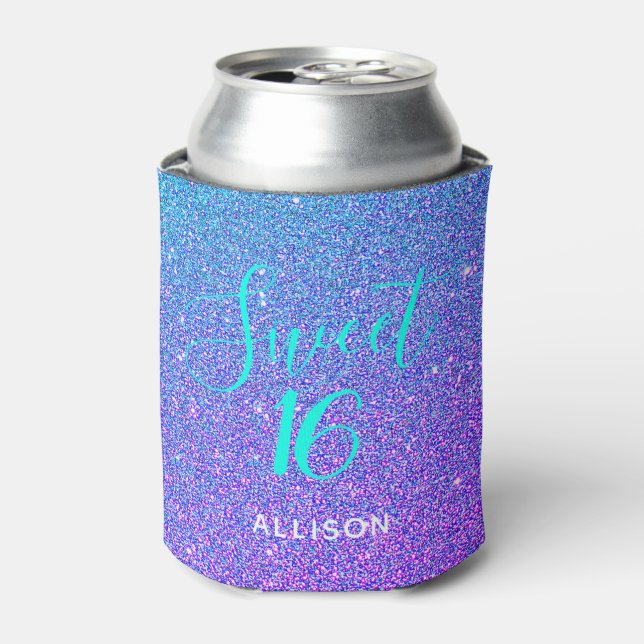 Sweet 16 Purple Teal Glitter Party Favour Can Cooler (Can Front)