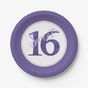 Sweet 16 Purple Watercolor Grunge and Glitter Paper Plate