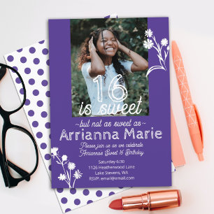 Sweet 16 Purple, White Flowers Birthday Party Invitation