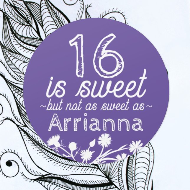 Sweet 16 Purple, White Flowers Classic Round Sticker (round floral purple sweet 16 party favor sticker personalized label seal with name for sweets gifts)