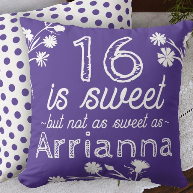 Sweet 16 Purple, White Flowers Personalised Cushion (purple sweet 16 sixteen throw pillow personalized sixteen name message cute polka dots)