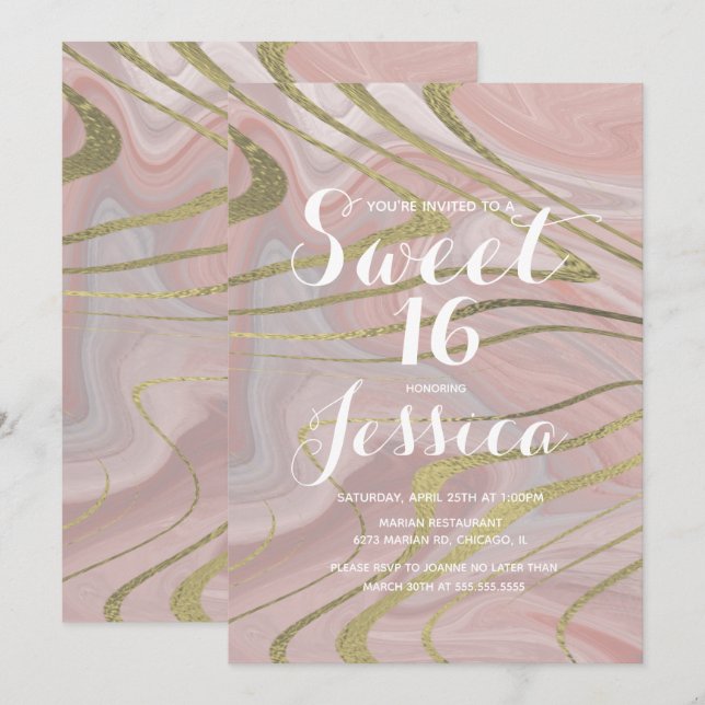 Sweet 16 | Quince Marble Liquid Pink Faux Gold Invitation (Front/Back)