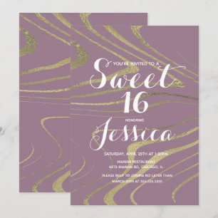 Sweet 16   Quince Marble Violet Faux Gold Zebra Invitation