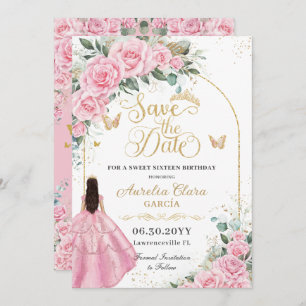 Sweet 16 Quinceanera Pink Roses Floral Fair Gold Save The Date