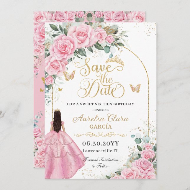 Sweet 16 Quinceanera Pink Roses Floral Fair Gold Save The Date (Front/Back)
