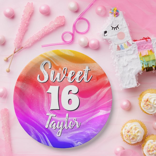 Sweet 16 Rainbow Coloured Marble Personalised Paper Plate (Party)