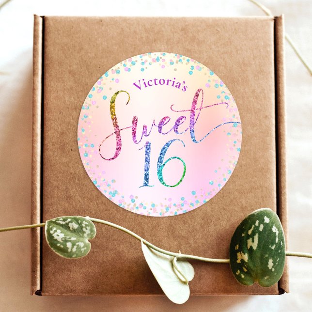 Sweet 16 Rainbow Glitter Confetti Ombre Birthday Classic Round Sticker (Creator Uploaded)