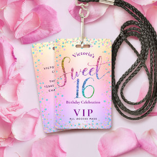 Sweet 16 Rainbow Glitter Ombre Birthday VIP Pass ID Badge