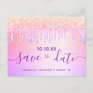 Sweet 16 rainbow glitter pink purple save the date postcard