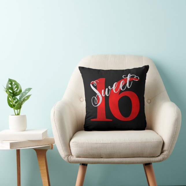 Sweet 16 | Red and Black Glam Typography Name Cushion (Chair)