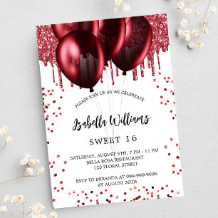 Sweet 16 red balloons white invitation postcard