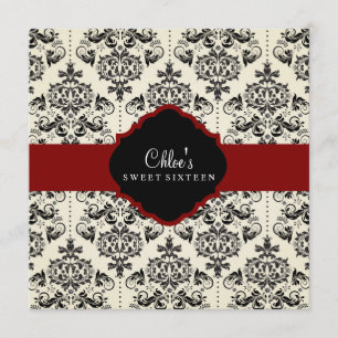 Sweet 16   Red & Black Damask Invitation