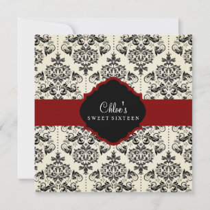 Sweet 16   Red & Black Damask Invitation