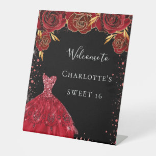 Sweet 16 red black dress florals welcome pedestal sign