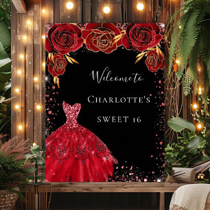 Sweet 16 red black dress florals welcome poster