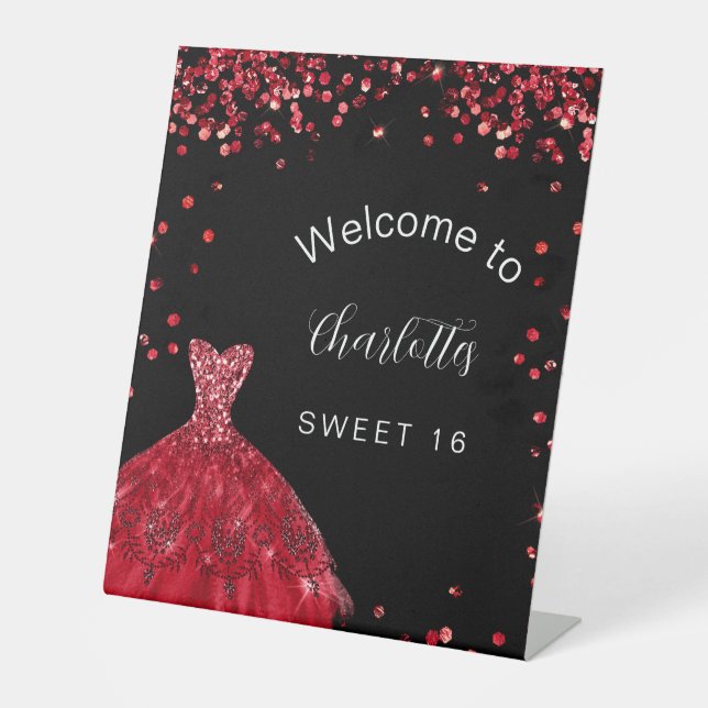 Sweet 16 red black glitter dress welcome pedestal sign (Front)