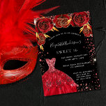 Sweet 16 red black sparkles dress florals invitation<br><div class="desc">A modern,  stylish and glamourous invitation for a Sweet 16,  16th birthday party.  A black background with red faux sparkles,  a dress and red roses,  florals.  The name is written with a modern hand lettered style script.  Personalise and add your party details.</div>