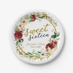 Sweet 16 Red Blush Floral Butterfly Paper Plate