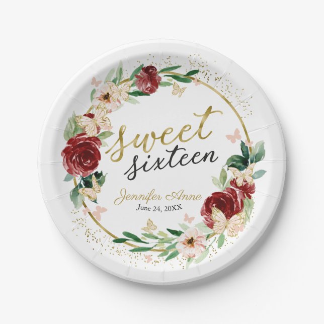 Sweet 16 Red Blush Floral Butterfly Paper Plate (Front)