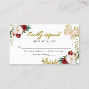 Sweet 16 Red Blush Floral Butterfly RSVP Enclosure Business Card
