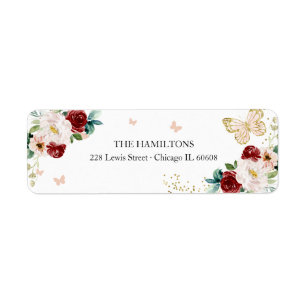 Sweet 16 Red Blush Gold Floral Butterfly Return Address Label