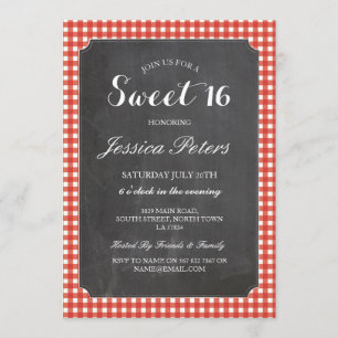 Sweet 16 Red Check Lights Rustic Chalk Invitation
