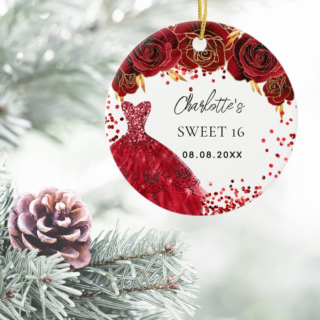 Sweet 16 red dress flowers white ceramic ornament (Creator Uploaded)