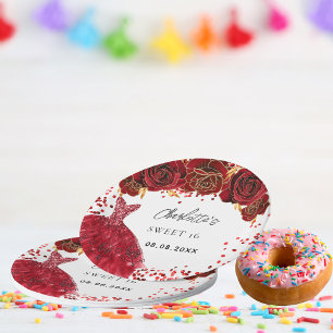 Sweet 16 red dress flowers white paper plate