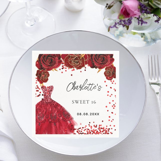 Sweet 16 red dress flowers white party napkin (Creator Uploaded)