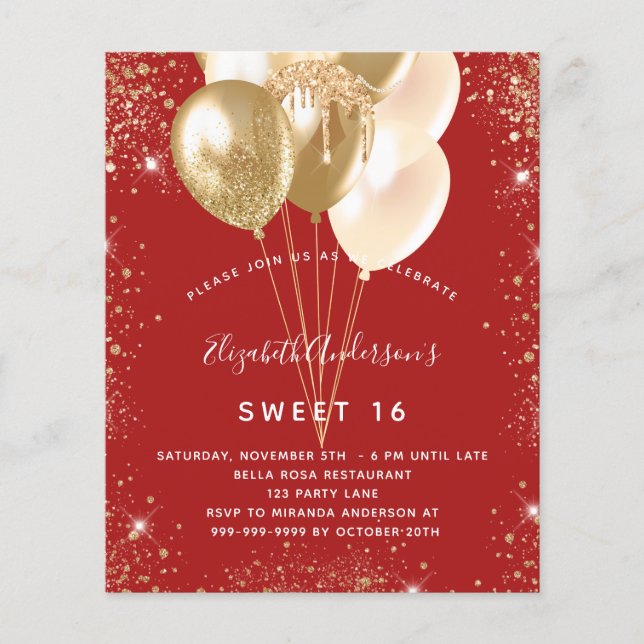 Sweet 16 red gold balloons budget invitation flyer (Front)