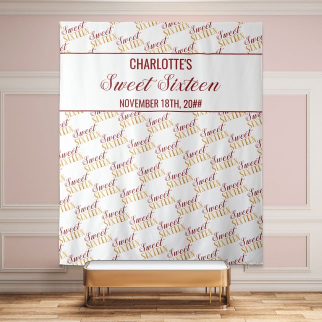 Sweet 16 Red Gold Birthday Party Backdrop Tapestry (Creator Uploaded)
