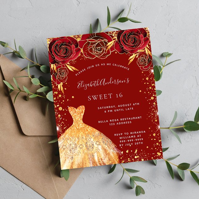 Sweet 16 red gold dress floral budget invitation (Creator Uploaded)
