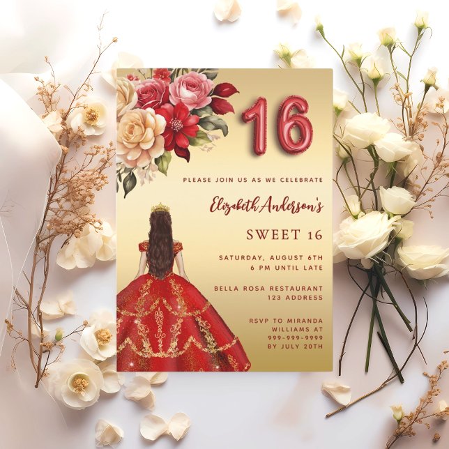Sweet 16 red gold dress florals roses invitation (Creator Uploaded)