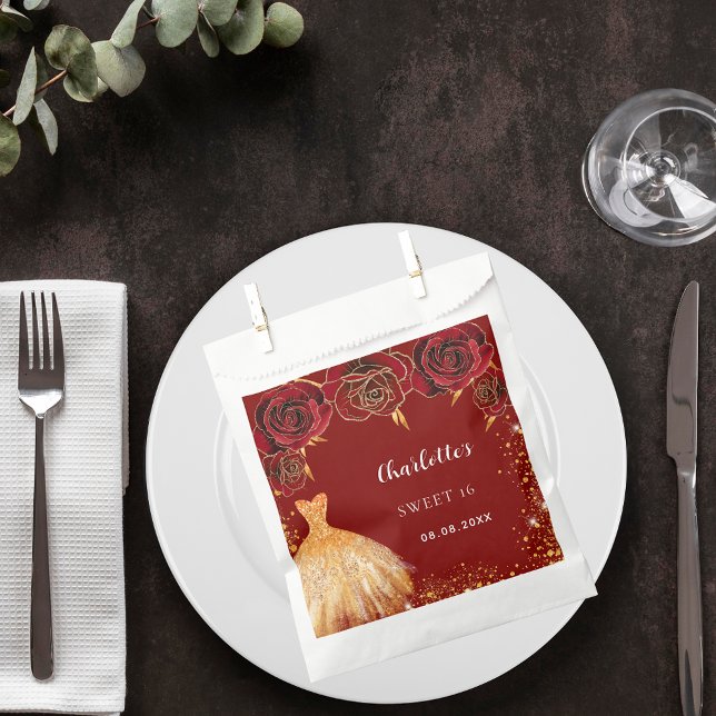 Sweet 16 red gold dress flowers favour bag (Creator Uploaded)