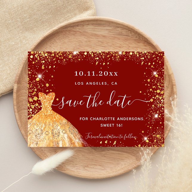 Sweet 16 red gold dress glamourous save the date (Creator Uploaded)