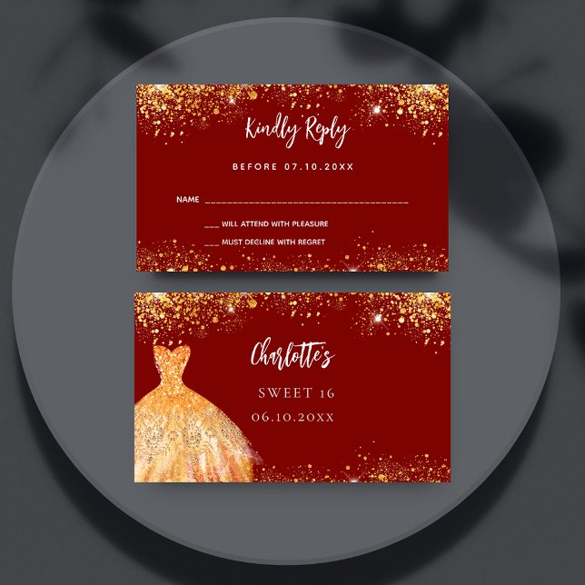 Sweet 16 red gold dress response RSVP card (Creator Uploaded)