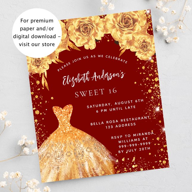 Sweet 16 red gold dress rose invitation (Creator Uploaded)