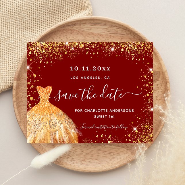 Sweet 16 red gold dress save the date card (Creator Uploaded)