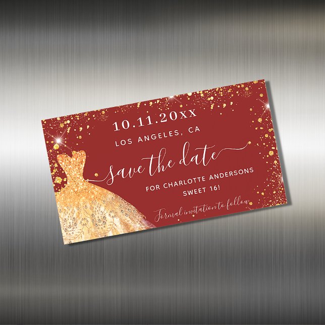 Sweet 16 red gold dress save the date magnet (Creator Uploaded)