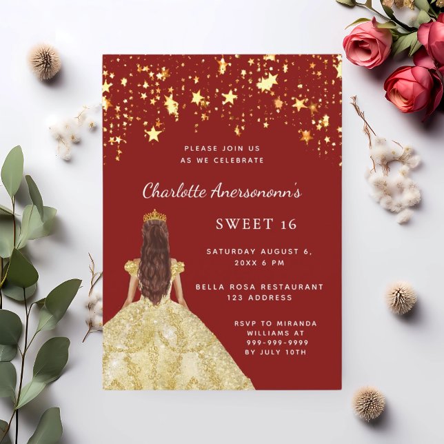 Sweet 16 red gold dress stars invitation (Creator Uploaded)