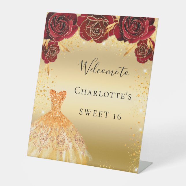 Sweet 16 red gold glitter dress floral welcome pedestal sign (Front)
