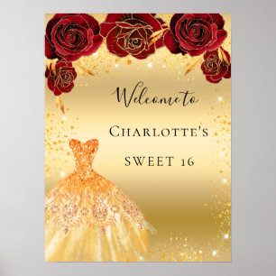 Sweet 16 red gold glitter dress floral welcome poster