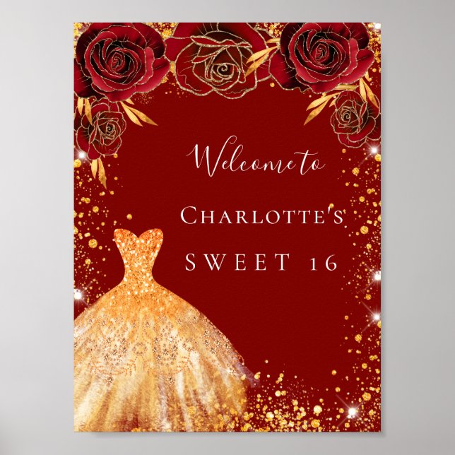 Sweet 16 red gold glitter dress floral welcome poster (Front)