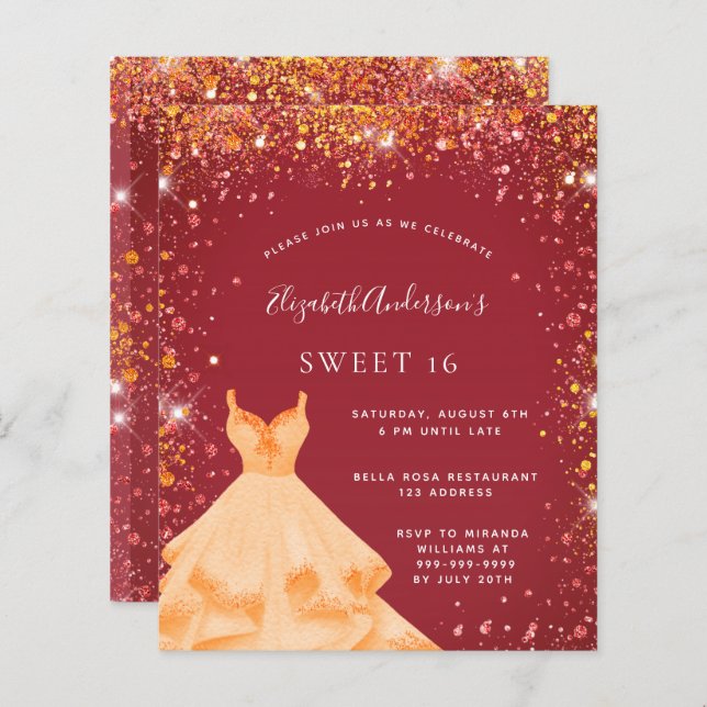 Sweet 16 red gold glitter dress invitation (Front/Back)