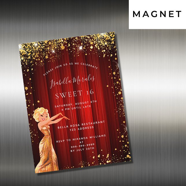 Sweet 16 red gold glitter dress movie luxury magnetic invitation (Creator Uploaded)