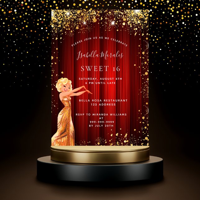 Sweet 16 red gold glitter dress movie party invitation postcard (Creator Uploaded)